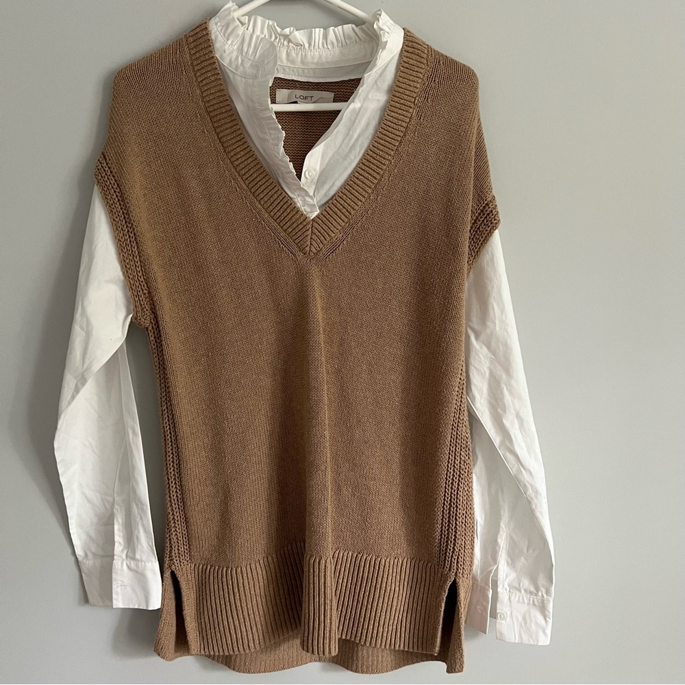 LOFT Brown V-Neck Knit Sweater Vest with White Blouse Layer